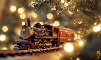 A train is on a track with a Christmas tree in the background photo