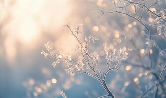 A tree branch covered in frost and snow photo