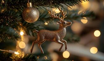 A gold deer ornament hangs from a Christmas tree photo