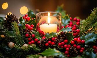 A candle is lit in a glass container with red berries and pine needles photo