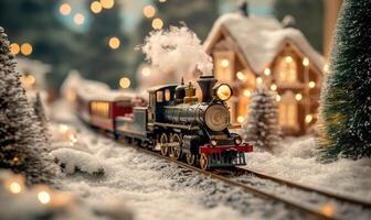 A train is traveling down a snowy track with a house in the background photo