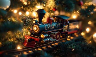 A train is sitting on a track in front of a Christmas tree photo