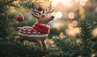 A deer is wearing a red sweater and is hanging from a tree photo
