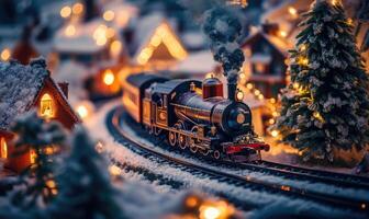 A train is traveling down a snowy track in front of a house photo