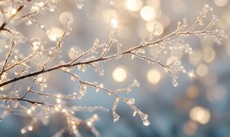 A branch covered in frost and snow with a bright light shining on it photo