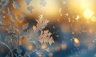 A frosty window pane with a snowflake design photo