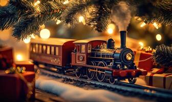 A train is on a track with a Christmas tree in the background photo