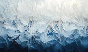 The image is a close up of a frosty window with a blue and white pattern photo