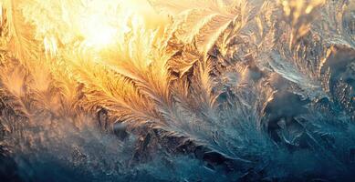 A beautiful image of ice and snow with a sun shining through it photo
