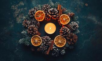 A wreath of pinecones and oranges with a lit candle in the center photo