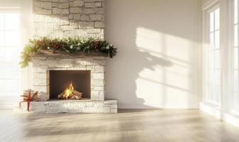 A fireplace with a wreath of Christmas greenery on it photo