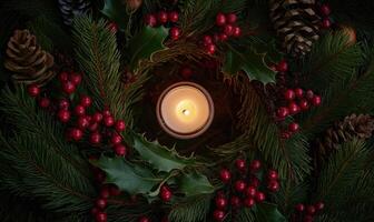 A candle is lit in the center of a wreath of evergreen branches photo