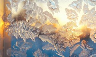 A frosty window with a beautiful design of leaves and branches photo