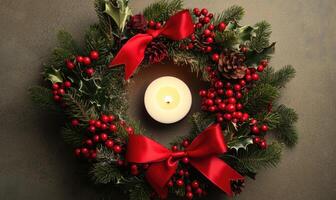 A wreath with red ribbon and a candle in the center photo
