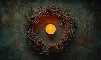 A wreath with pine cones and a candle in the center photo