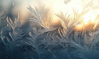 A frosty window with a beautiful, intricate design of ice crystals photo