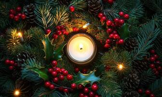 A candle is lit in a wreath of red berries and pine needles photo