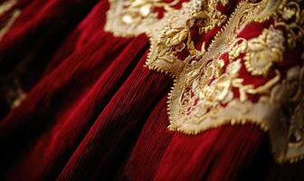 A red fabric with gold embroidery on it photo