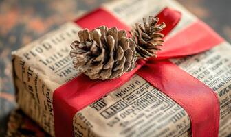 A red and brown wrapped gift with pine cones on top photo