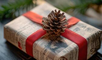 A pine cone is on top of a red ribbon on a box photo