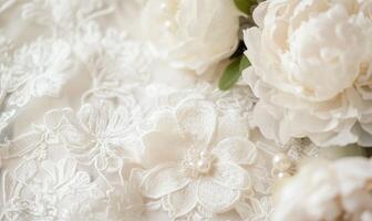 A white lace with flowers and pearls on it photo