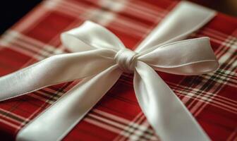A red and white plaid box with a white bow on top photo