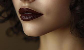 A woman with a red lip is shown in a close up photo