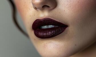 A woman with a red lip is smiling photo