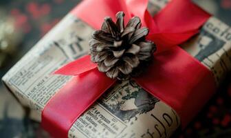 A red present with a pine cone on top and a ribbon around it photo