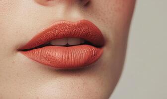 A woman with a red lip is smiling photo