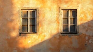 Two Windows on an Old, Yellow Building Wall photo