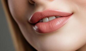 A woman with a pink lip is smiling photo