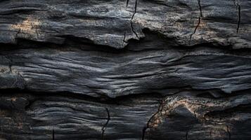 Close-up of a weathered, dark, wooden surface with visible grain and cracks photo