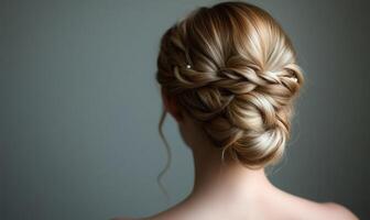 A woman with a beautiful, shiny, and well-styled bun on her head photo