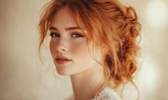 A woman with red hair and a red dress photo