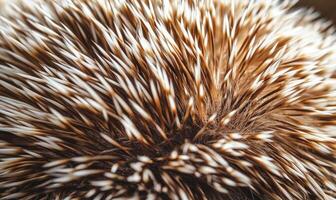 A close up of a fuzzy brown and white animal with many spines photo