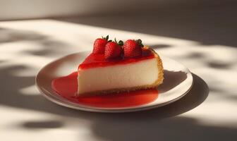 A slice of strawberry cheesecake with a drizzle of red sauce on top photo
