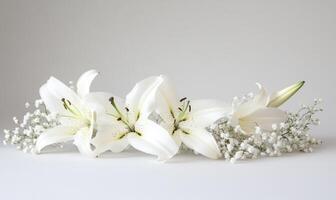 A bouquet of white flowers with a single white flower in the middle photo