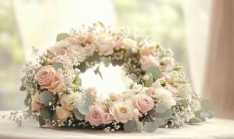 A flower arrangement with pink and white flowers is on a table photo