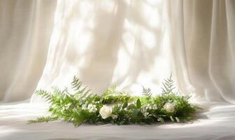 A white background with a green and white flower arrangement photo
