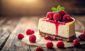 A slice of cheesecake with raspberries on top photo