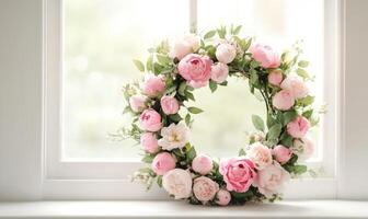 A wreath of pink flowers sits on a window sill photo