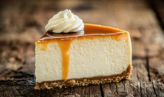 A slice of cheesecake with a caramel drizzle on top photo