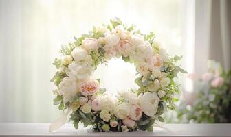 A white and pink flower arrangement in a round shape photo
