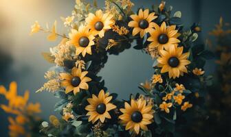 A wreath of yellow flowers with a blue background photo