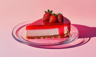 A slice of strawberry cheesecake on a glass plate photo