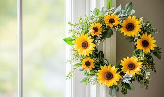 A wreath of yellow flowers sits on a window sill photo