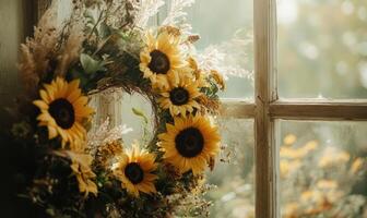 A wreath of yellow flowers sits in front of a window photo