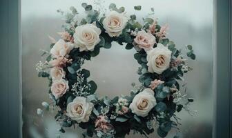 A wreath of flowers with a green leaf in the center photo