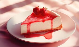 A slice of strawberry cheesecake with a drizzle of sauce on top photo